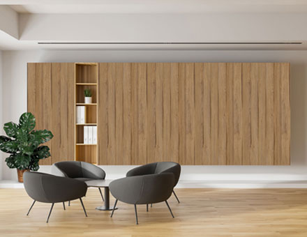 Modern office waiting area with wood textures feature wall