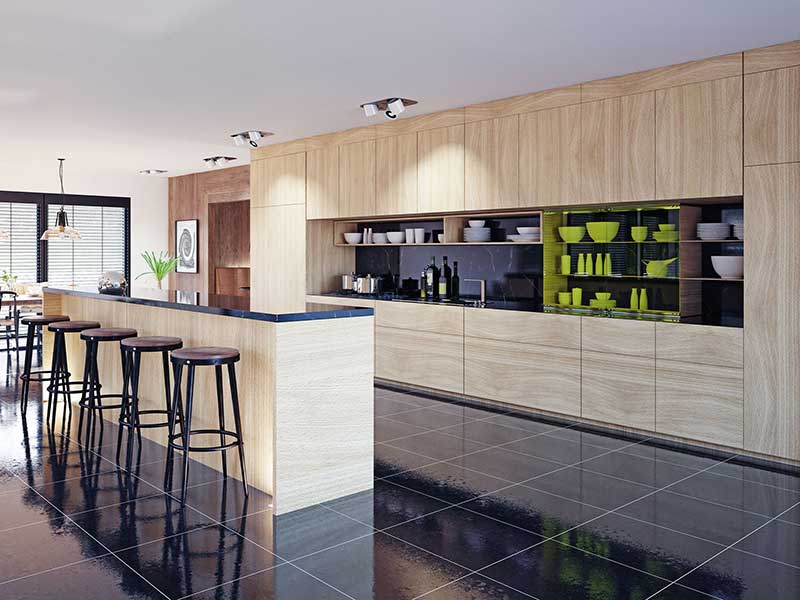 modern kitchen with wood textured cabinetry